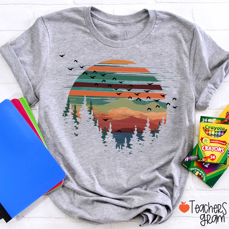 Retro Mountain Sunset Forest And Birds Teacher T-Shirt