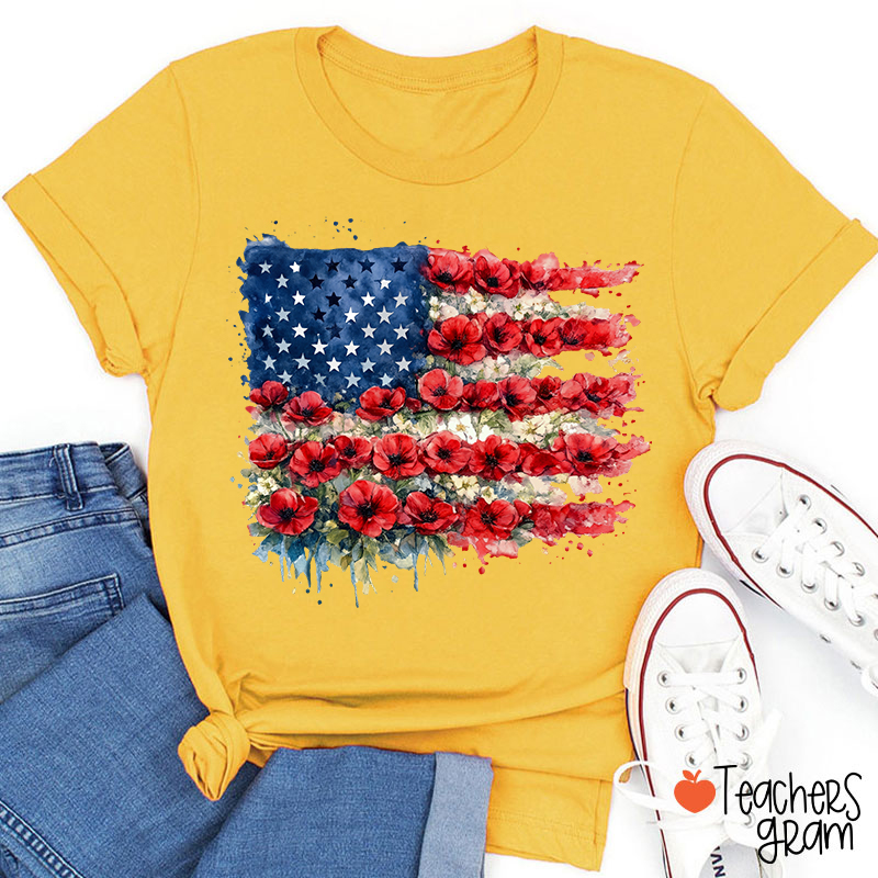 4th Of July Floral American Flag Teacher T-Shirt