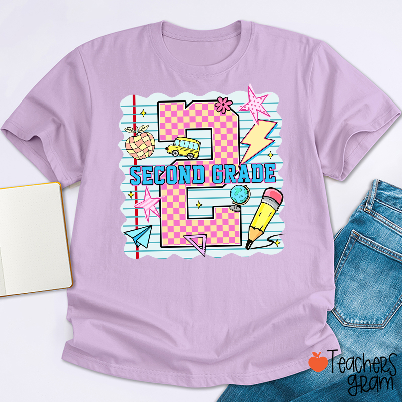 Personalized Pink Plaid And Notebook Style Teacher T-Shirt