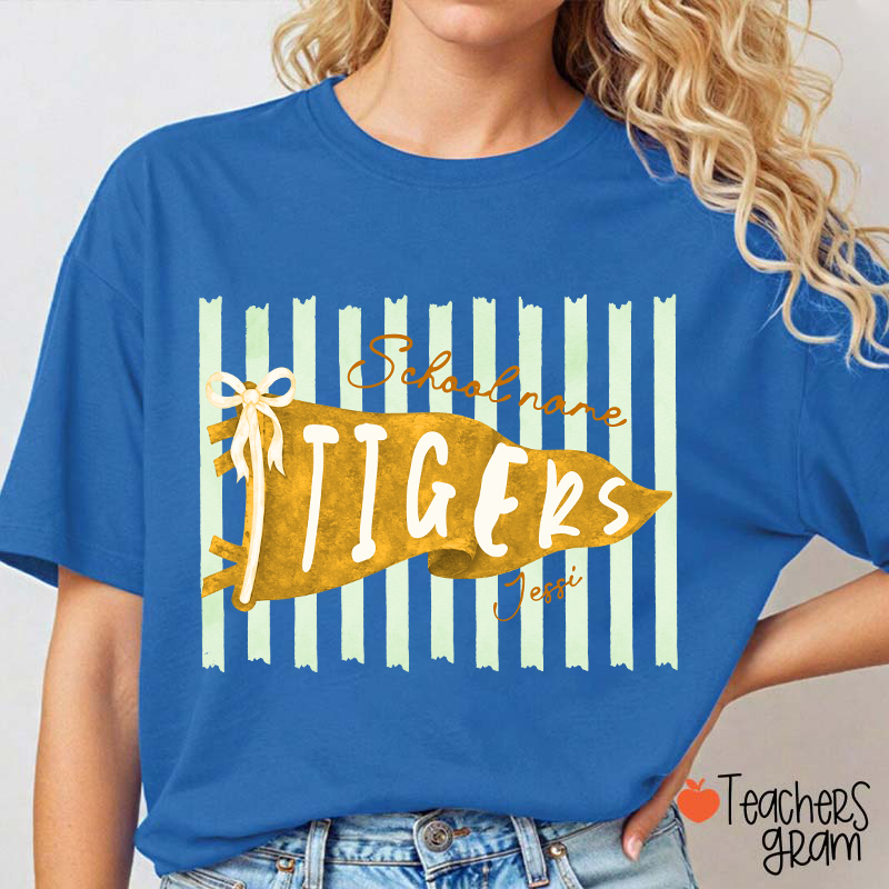 Personalized Mascot School Spirit Stripes Pennant Teacher T-Shirt