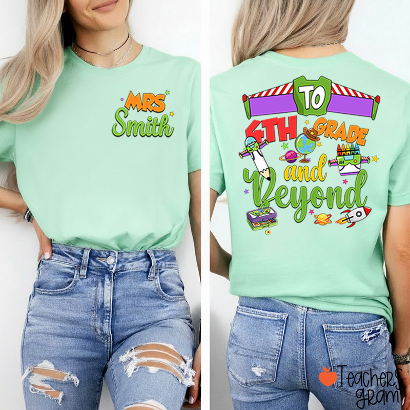 Personalized Grade Cartoon School Supply Rocket Teacher Two Sided T-Shirt