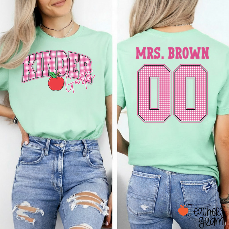 Personalized Grade And Name Checkered Letter Apple Teacher Two Sided T-Shirt