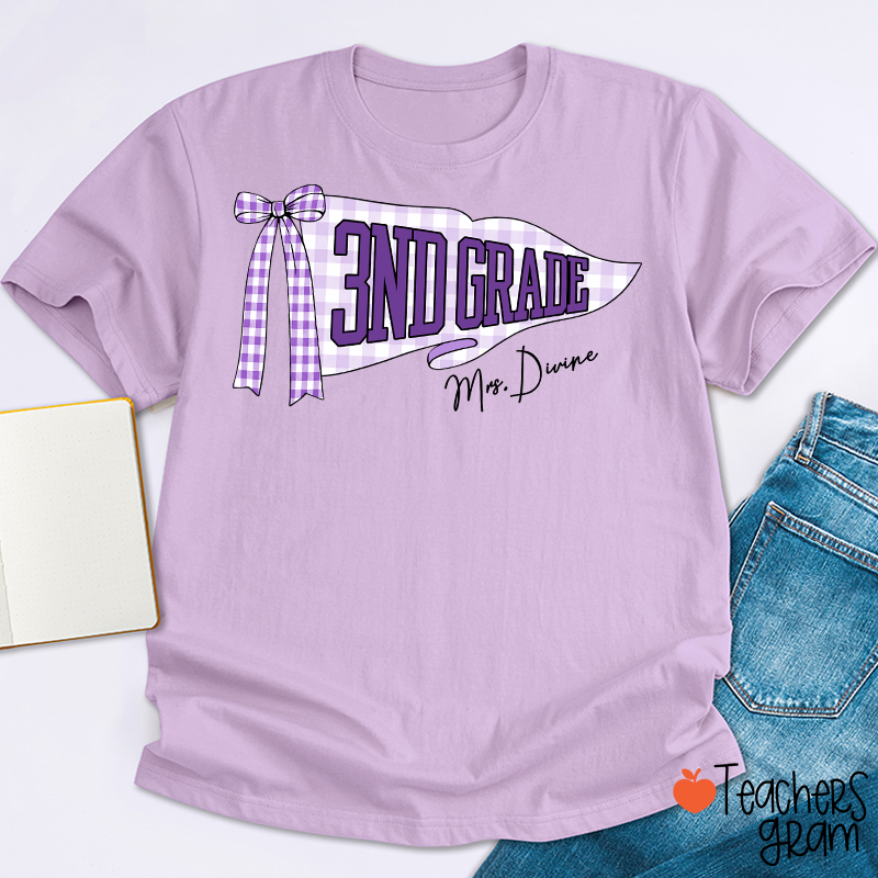 Personalized Grade And Name Gingham Bow Pennant Teacher T-Shirt