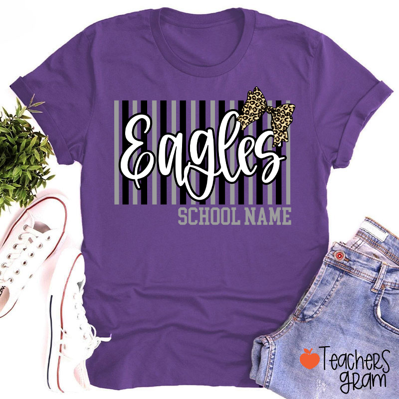 Personalized School Mascot Stripe Leopard Bow Teacher T-Shirt