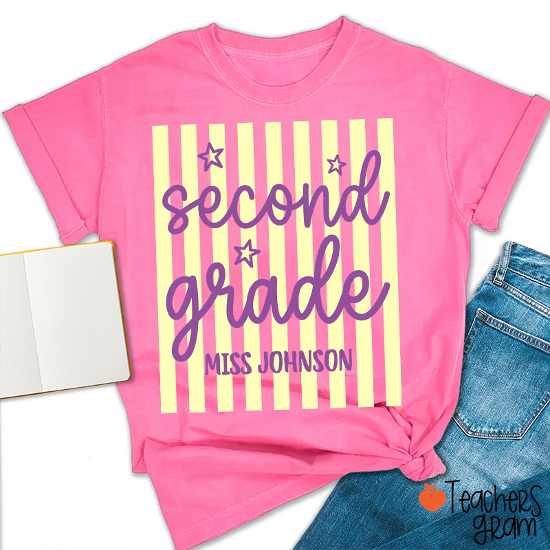 Personalized Grade Blue Gingham Stripes Teacher T-Shirt