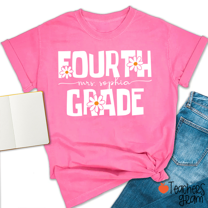 Personalized Name And Grade Daisy Floral Teacher T-Shirt