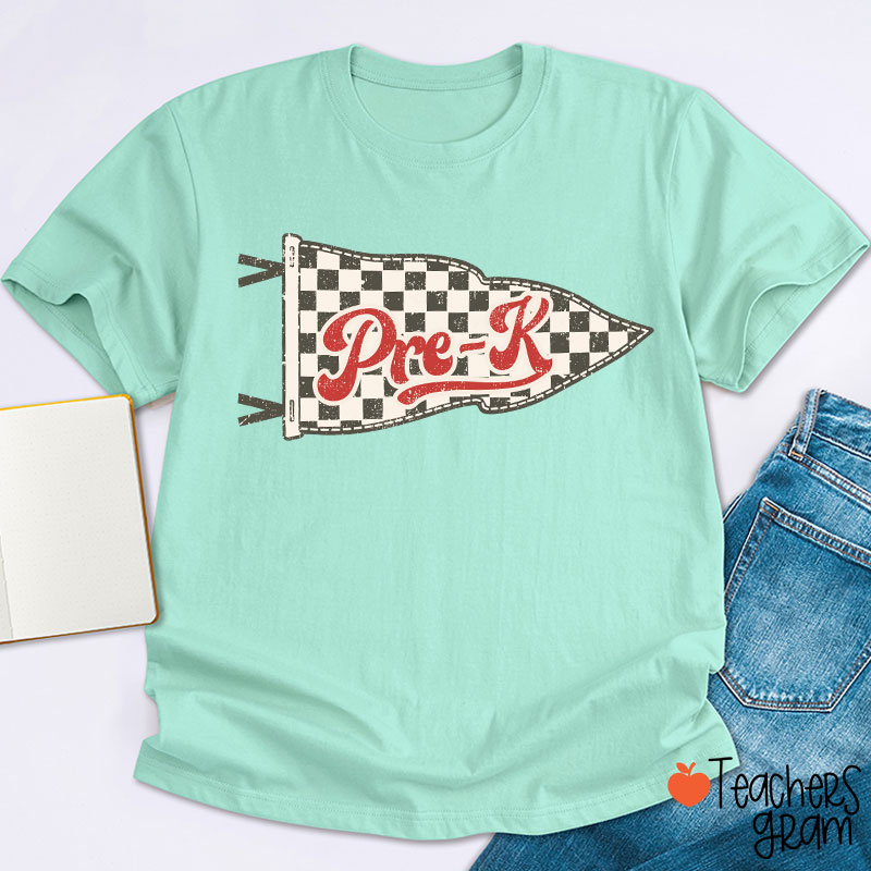 Personalized Grade Checkered Pennant Flag Vintage Retro Preschool Teacher T-Shirt