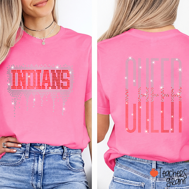 Personalized Mascot Cheer Drip Faux Rhinestone Teacher  Two Sided T-Shirt