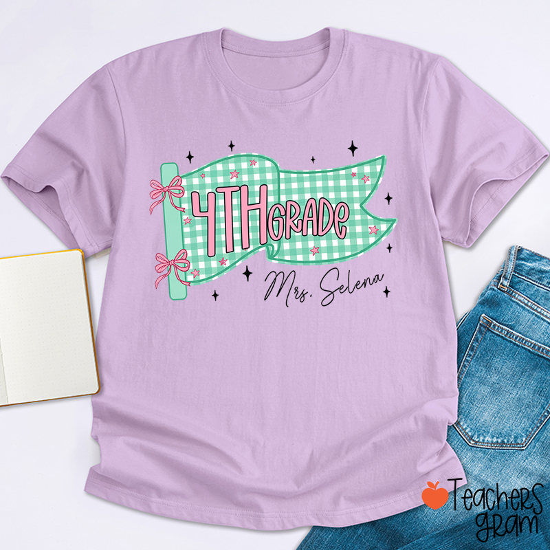 Personalized Name And Grade Gingham Pennant Bow Star Teacher T-Shirt