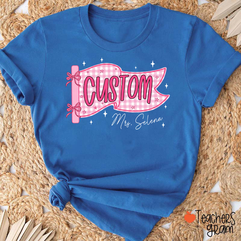 Personalized Name And Grade Gingham Pennant Bow Star Teacher T-Shirt