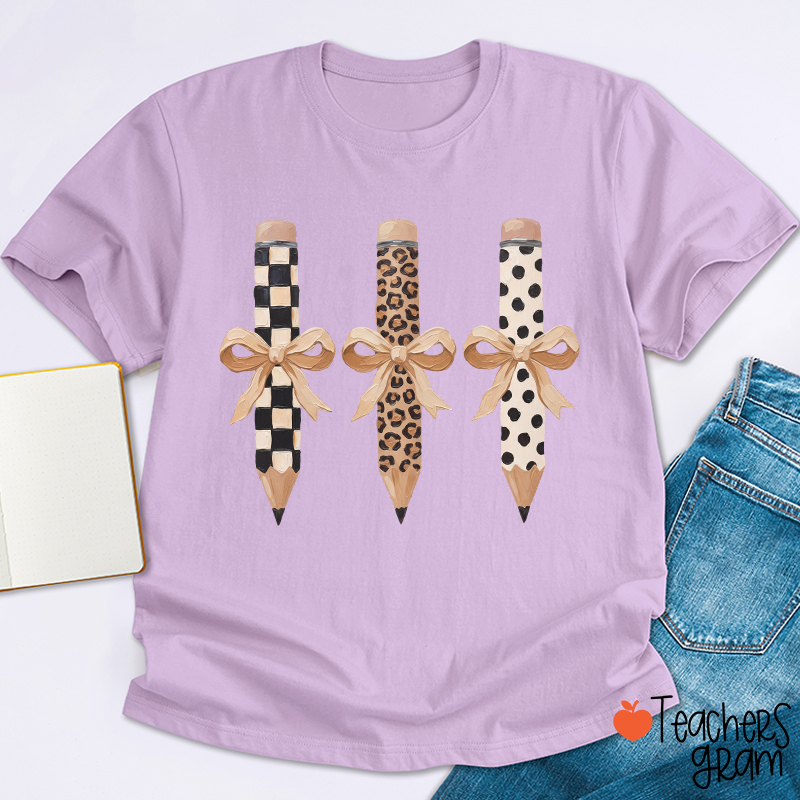 Checkerboard Leopard And Polka Dot Bow Pencil Teacher T-Shirt