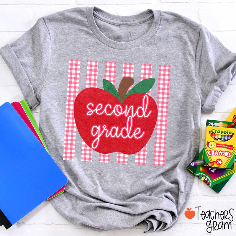 Personalized Grade Gingham Apple Teacher T-Shirt