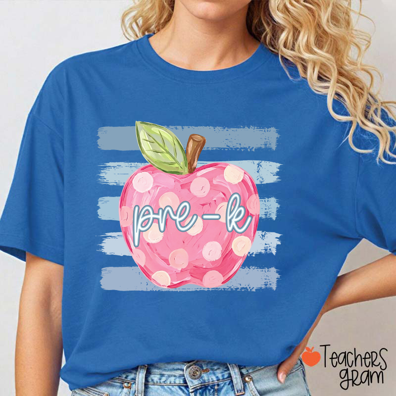 Personalized Grade Pink Polka Dot Apple Blue Brush Stripe Teacher T-Shirt