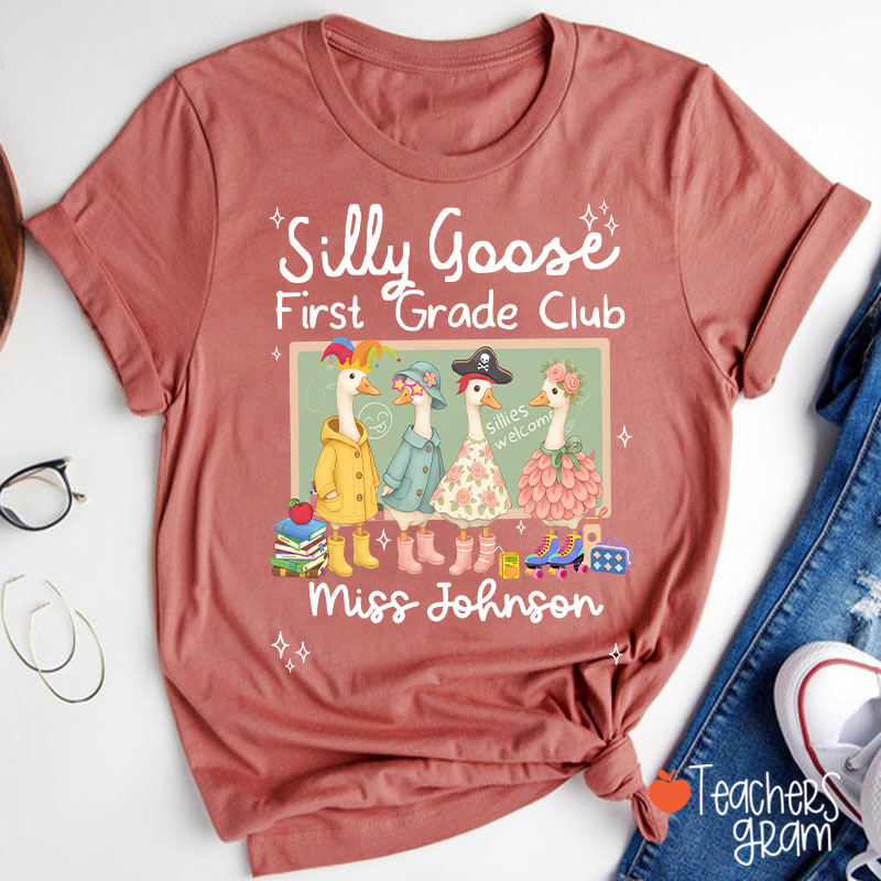 Personalized Grade Name Silly Goose Cartoon Classroom Print Teacher T-Shirt