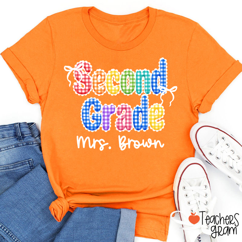 Personalized Grade Name Rainbow Gingham Teacher T-Shirt