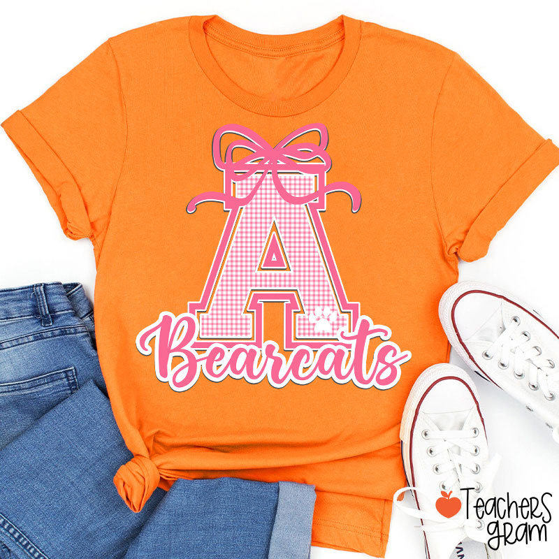 Personalized Mascot Gingham Varsity Coquette Bow Teacher T-Shirt