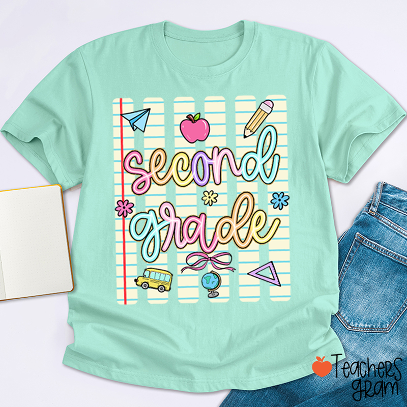Personalized Grade Notebook Stripes Cute Icons Teacher T-Shirt