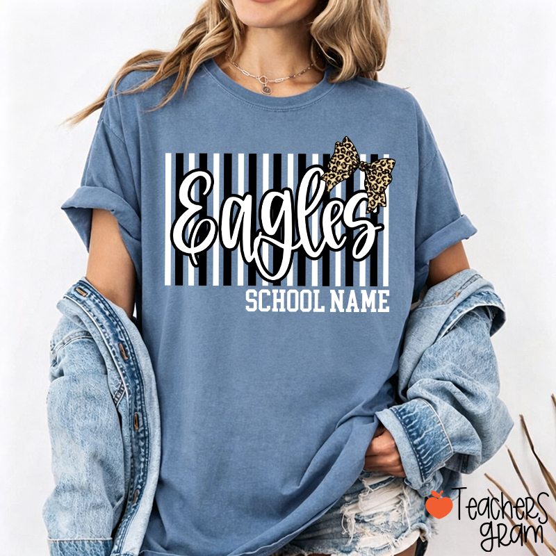 Personalized School Mascot Stripe Leopard Bow Teacher T-Shirt