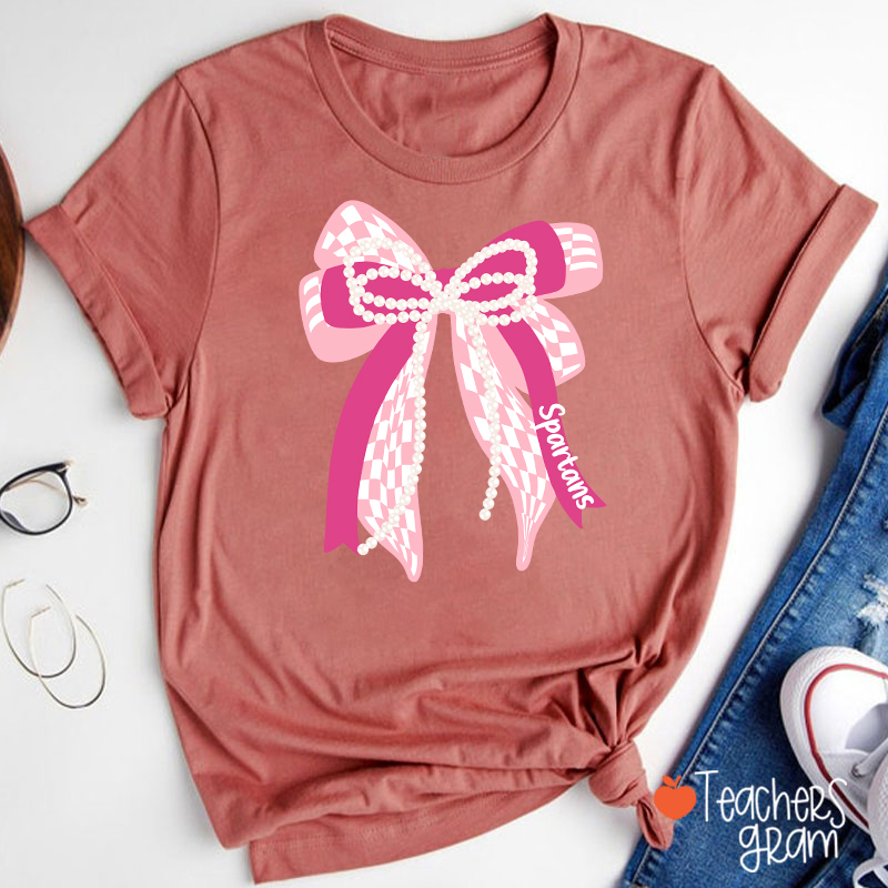 Personalized Mascot Cute Bow School Spirit Graphic Teacher T‑Shirt
