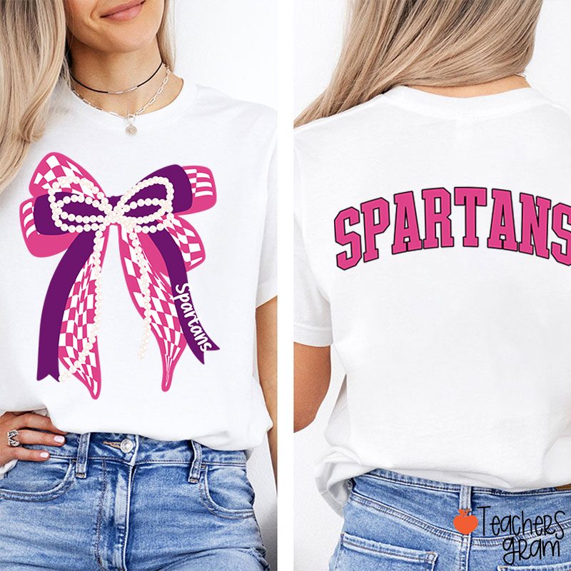 Personalized Mascot Varsity Curved Bow Theme Teacher Two Sided T-Shirt