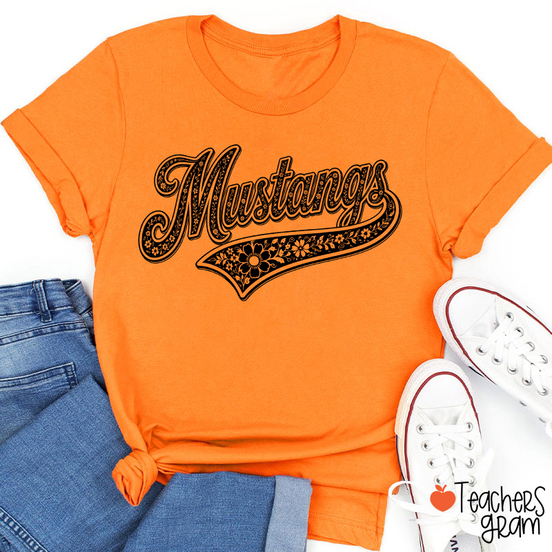 Personalized Mascot Floral Script Teacher T-Shirt