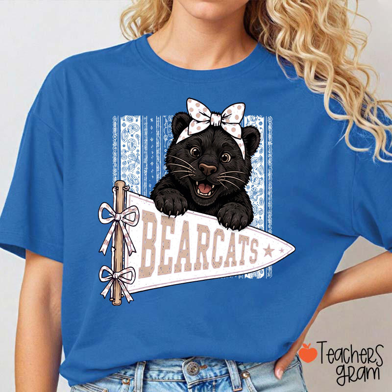Personalized Mascot Bow Pennant Paisley Striped Graphic Teacher T‑Shirt