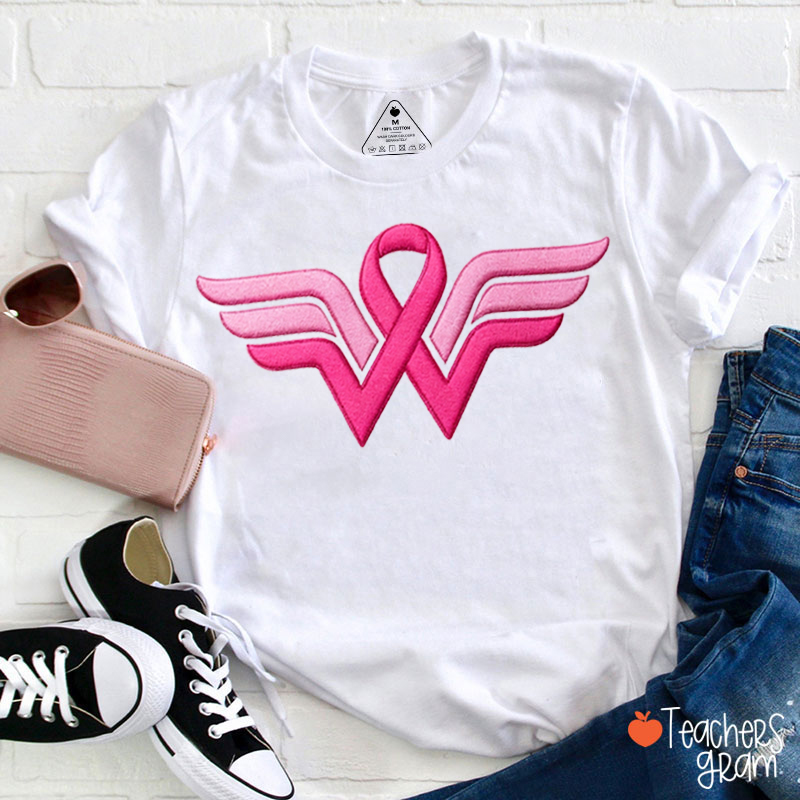 Embroidery Wonder Woman Breast Cancer Awareness T-Shirt