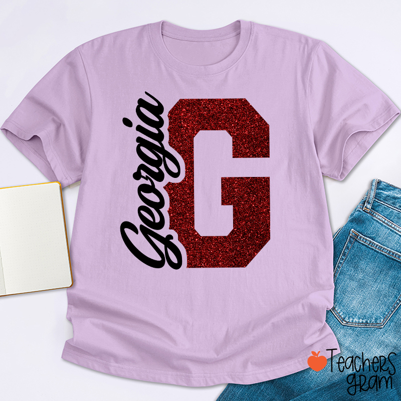 Personalized Mascot Initial Glitter Print Puff Printed Teacher T‑Shirt