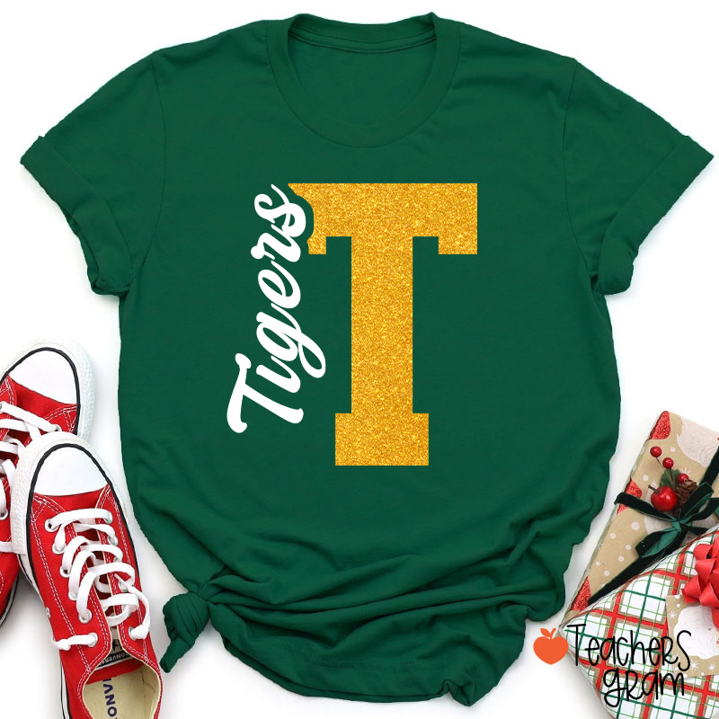 Personalized Mascot Initial Glitter Print Puff Printed Teacher T‑Shirt