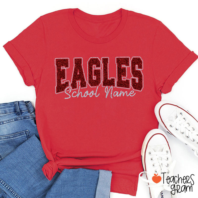 Personalized Mascot School Name Glitter Teacher T‑Shirt