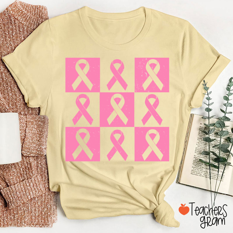 Pink Ribbon Breast Cancer Awareness Teacher T-Shirt