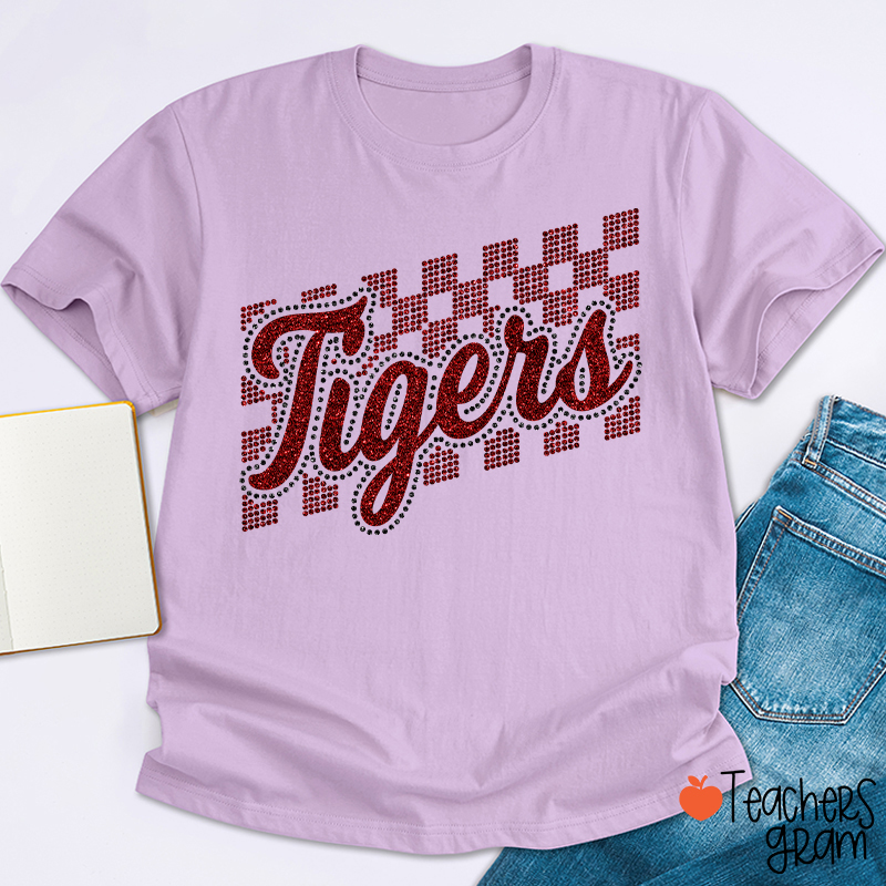 Personalized Mascot Glitter Checkered Script Teacher T‑Shirt