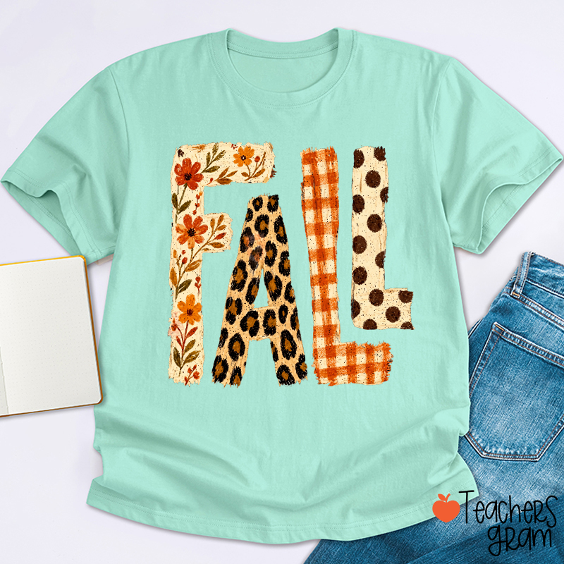 Vintage Patchwork Fall Letter Teacher T‑Shirt