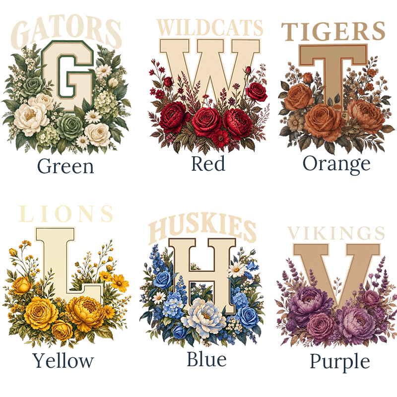 Personalized Retro Floral Large Initial Letter College Team Mascot Print Teacher T‑Shirt