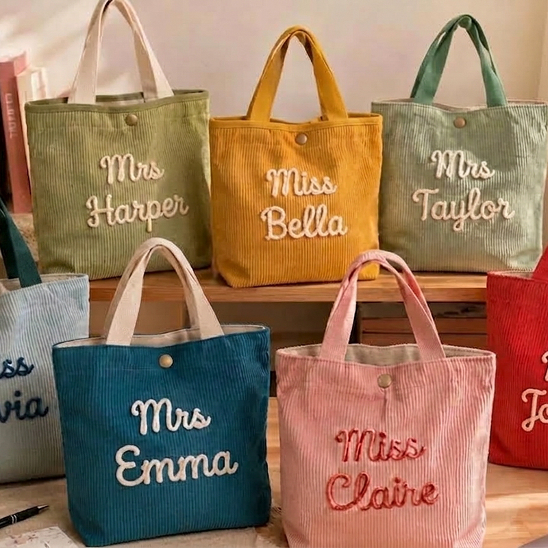 Personalized Name Chunky Yarn Embroidery Corduroy Teacher Lunch Bag