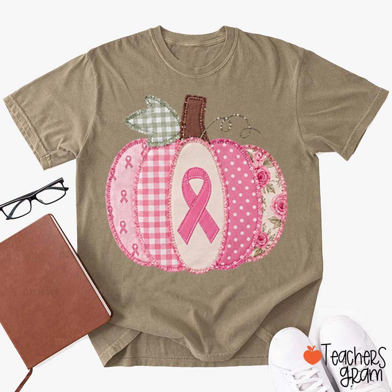 Pink Faux Patchwork Pumpkin Ribbon Teacher T‑Shirt
