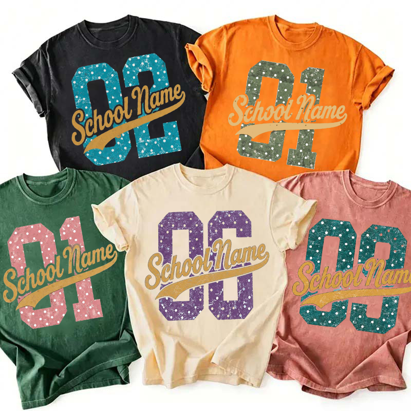 Personalized School Name Vintage Number Polka Dot Teacher T‑Shirt