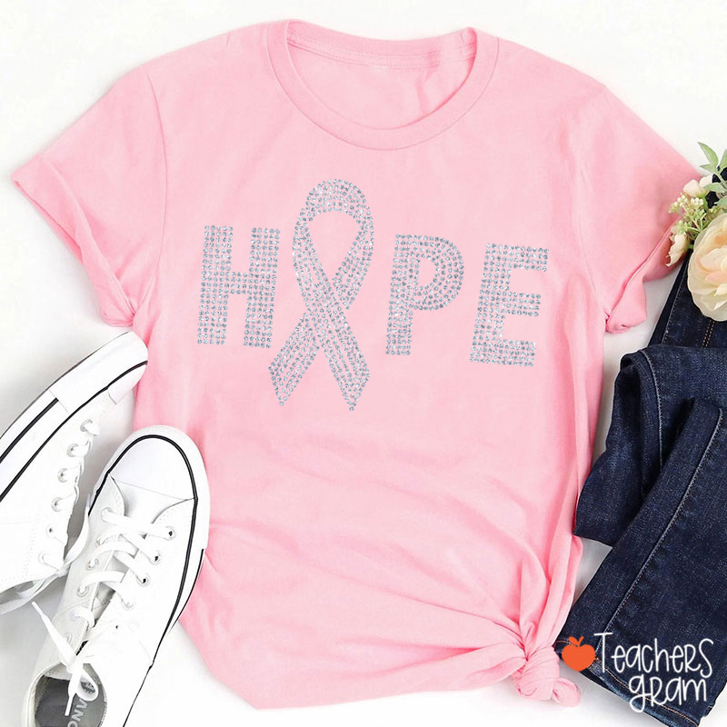 Hope Ribbon Faux Glitter Breast Cancer Awareness Teacher T‑Shirt