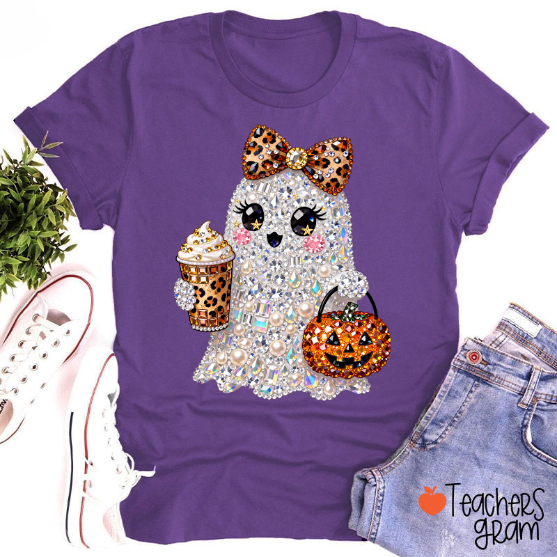 Faux Rhinestone Ghost Leopard Bow Coffee Pumpkin Teacher T-Shirt