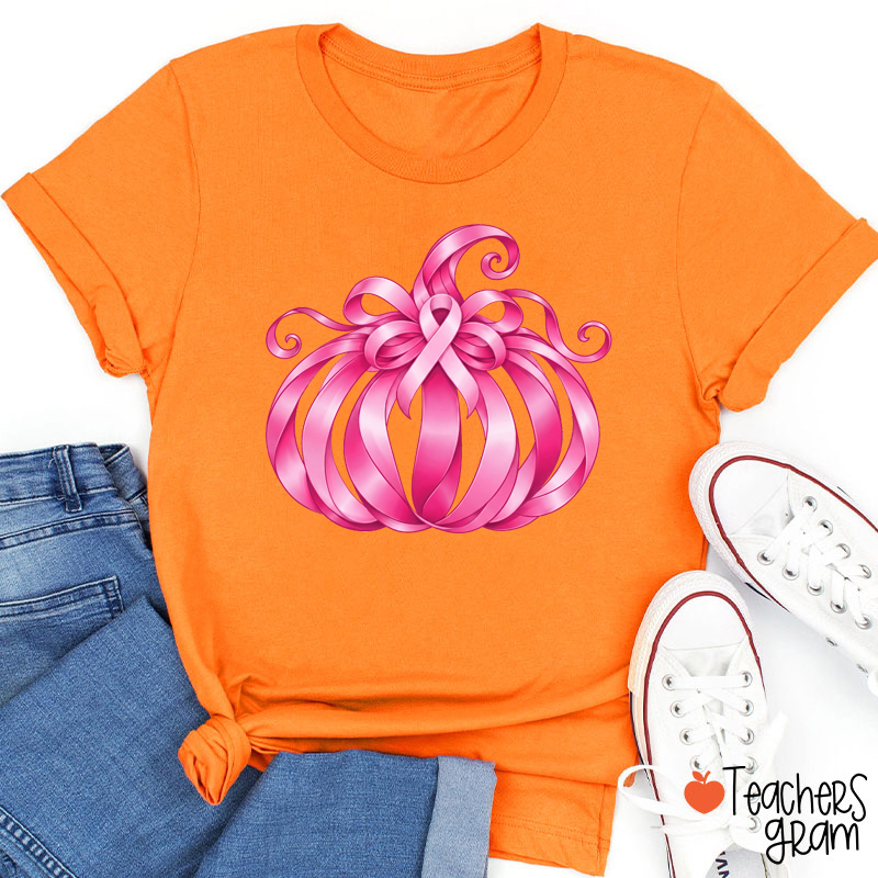 Pink Ribbon Bow Pumpkin Fall Teacher T-Shirt