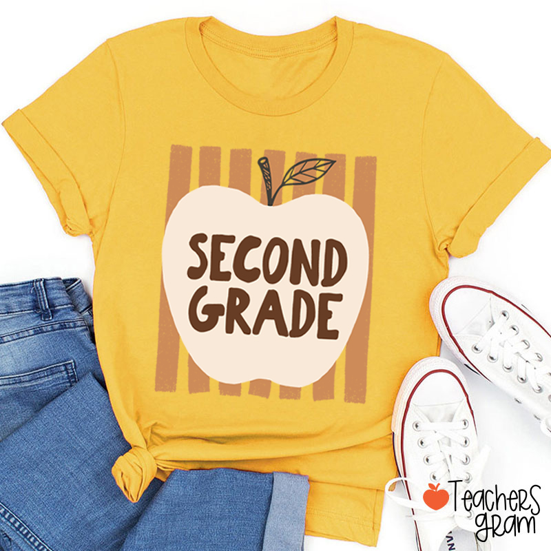 Personalized Grade Heart Apple Vertical Stripe Teacher T-Shirt