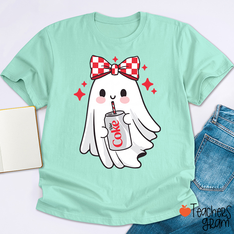 Cute Ghost With Red Checkered Bow Soda Drink Halloween Teacher T-Shirt