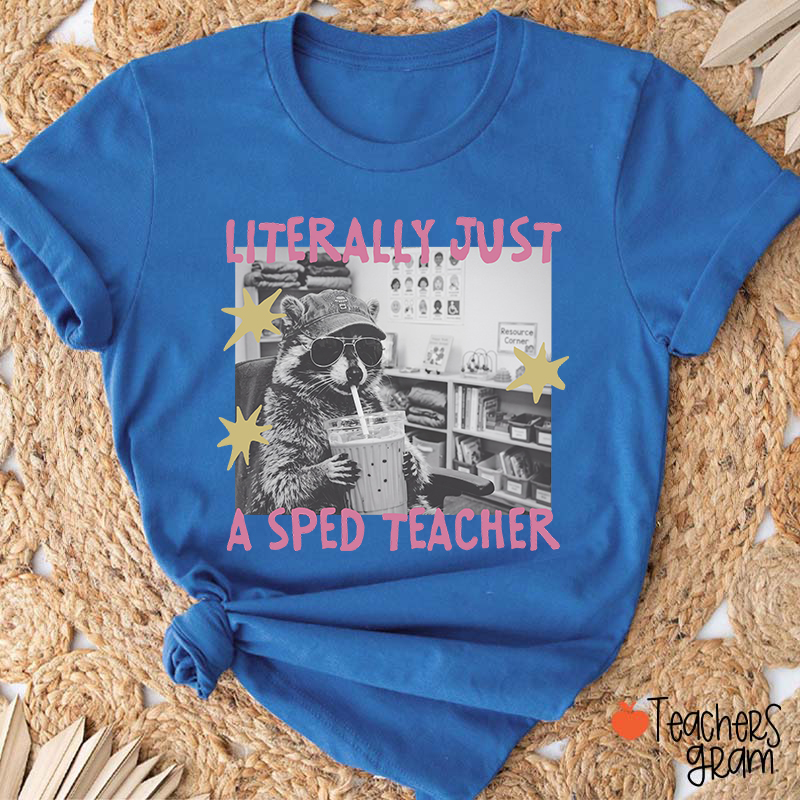 Literally Just A SPED Teacher Raccoon Bubble Tea Teacher T-Shirt