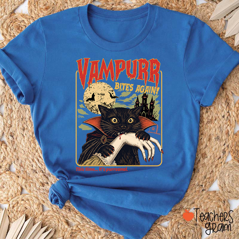 Vampurr Bites Again Vampire Black Cat Halloween Teacher T-Shirt