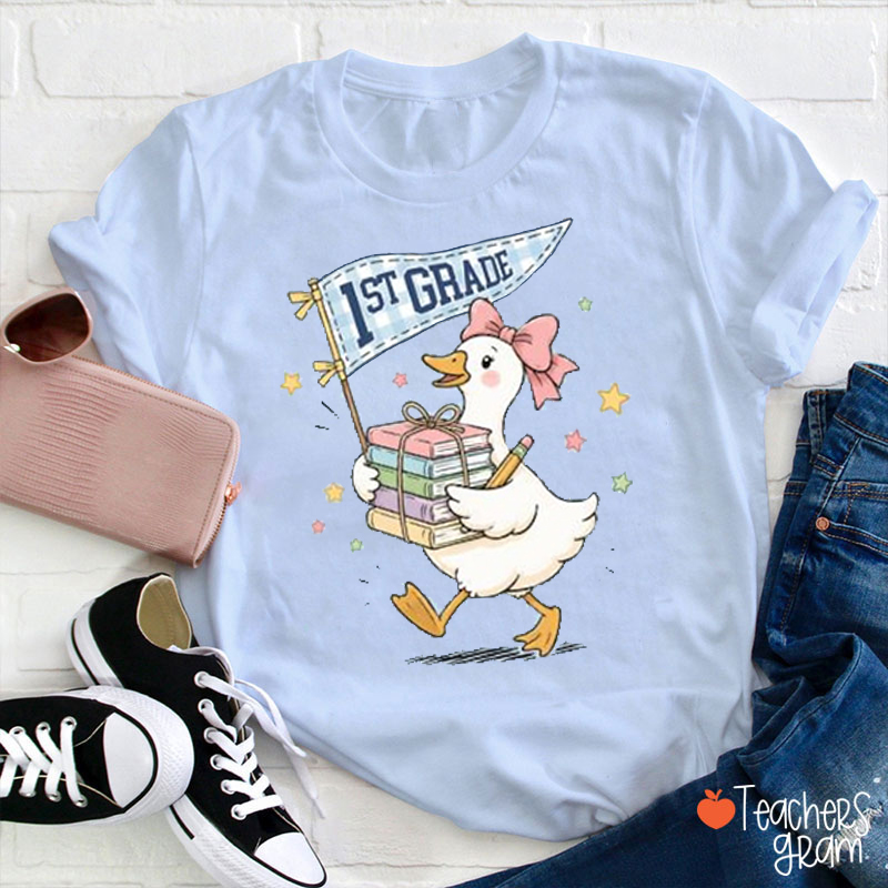 Personalized Grade Silly Goose Book Pennant Teacher T-Shirt