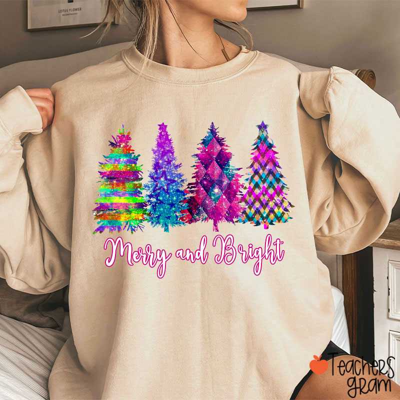 Merry And Bright Colorful Christmas Tree Teacher Sweatshirt
