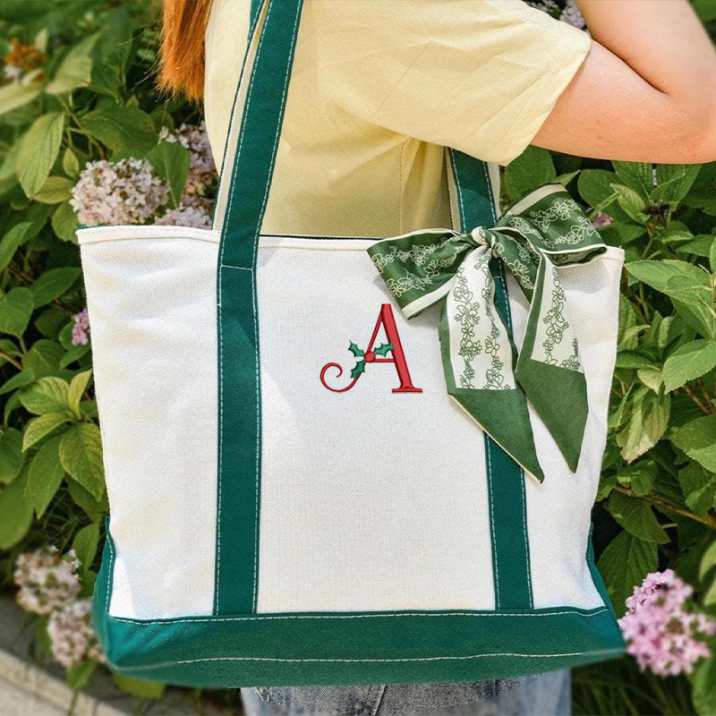 Personalized Letter Christmas Vibe Teacher Canvas Tote Bag