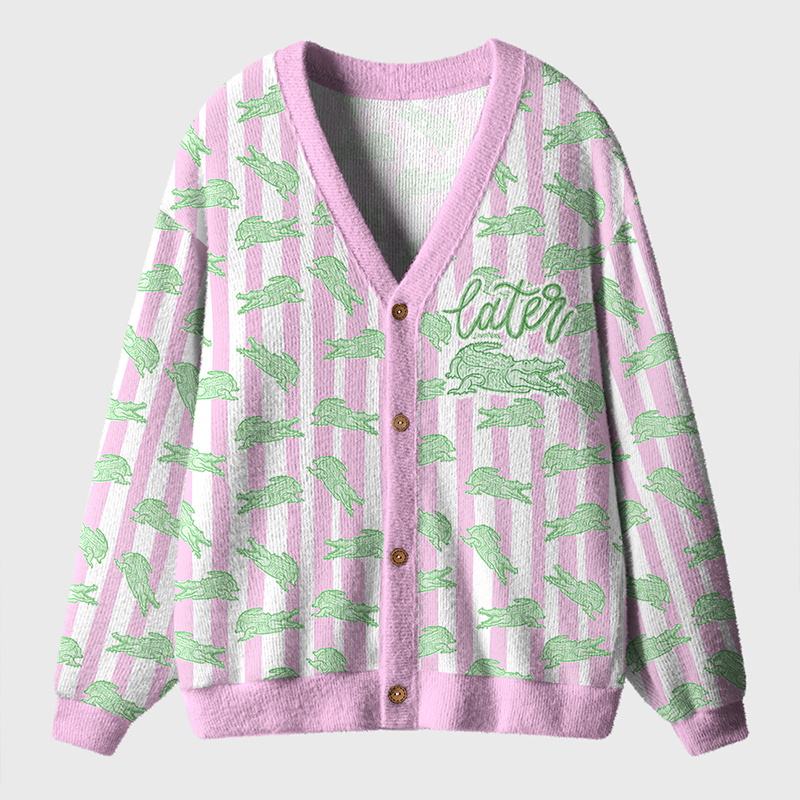 Pink Striped Later Gator Teacher Ugly Cardigan Sweaters