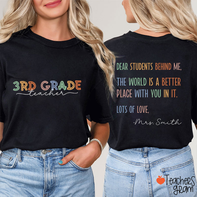 Personalized Grade Colorful Letter Inspirational Teacher Two Sided T-Shirt