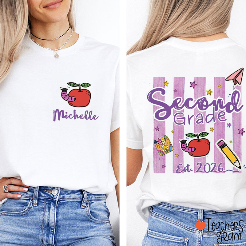 Personalized Name And Grade Apple Preppy Stripes Teacher Two Sided T-Shirt